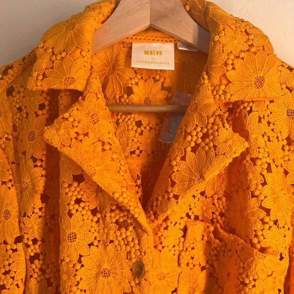 Anthropologie Bright Orange Floral Lace Button-Down Top - Picture 2 of 5
